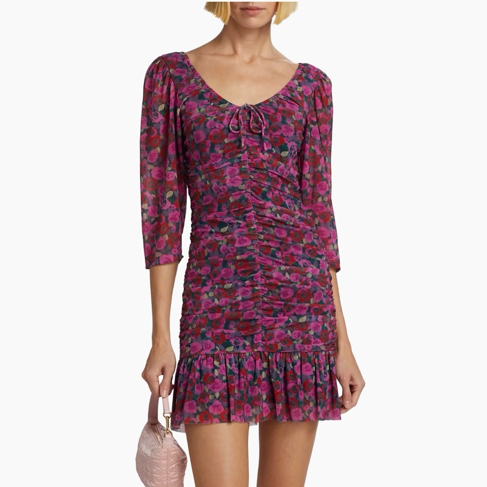 NWT GANNI mesh ruched mini dress in rose floral